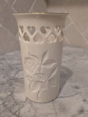 Lenox Heart Vase White Ceramic Vase with Gold Rim and Heart Cutouts